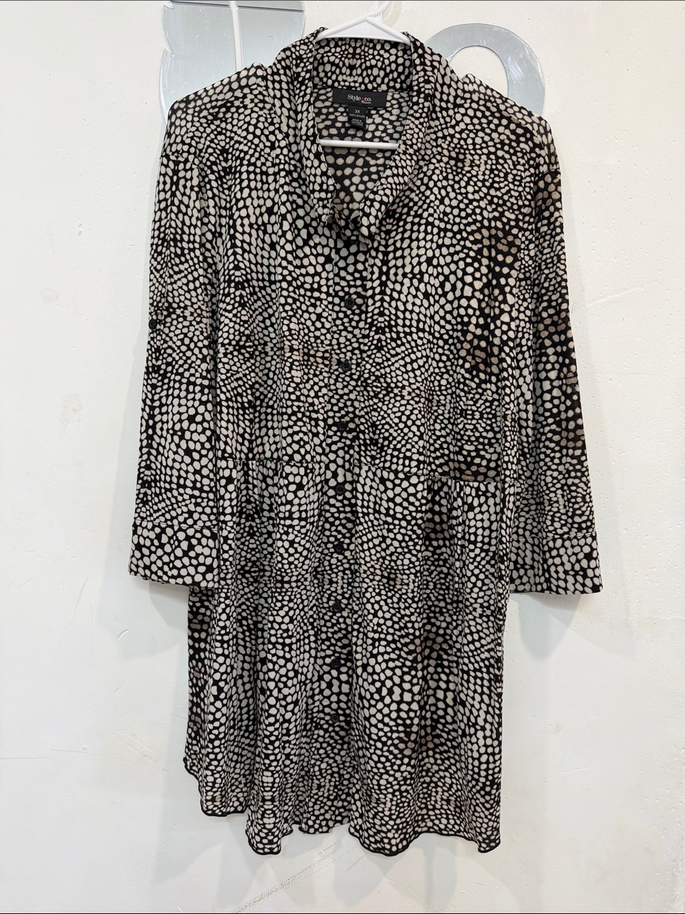 Style & Co. Black and White Dot Print Long Sleeve Dress